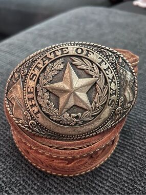 Tony Lama Brown Leather Belt with Texas Star Antique Silver Buckle
